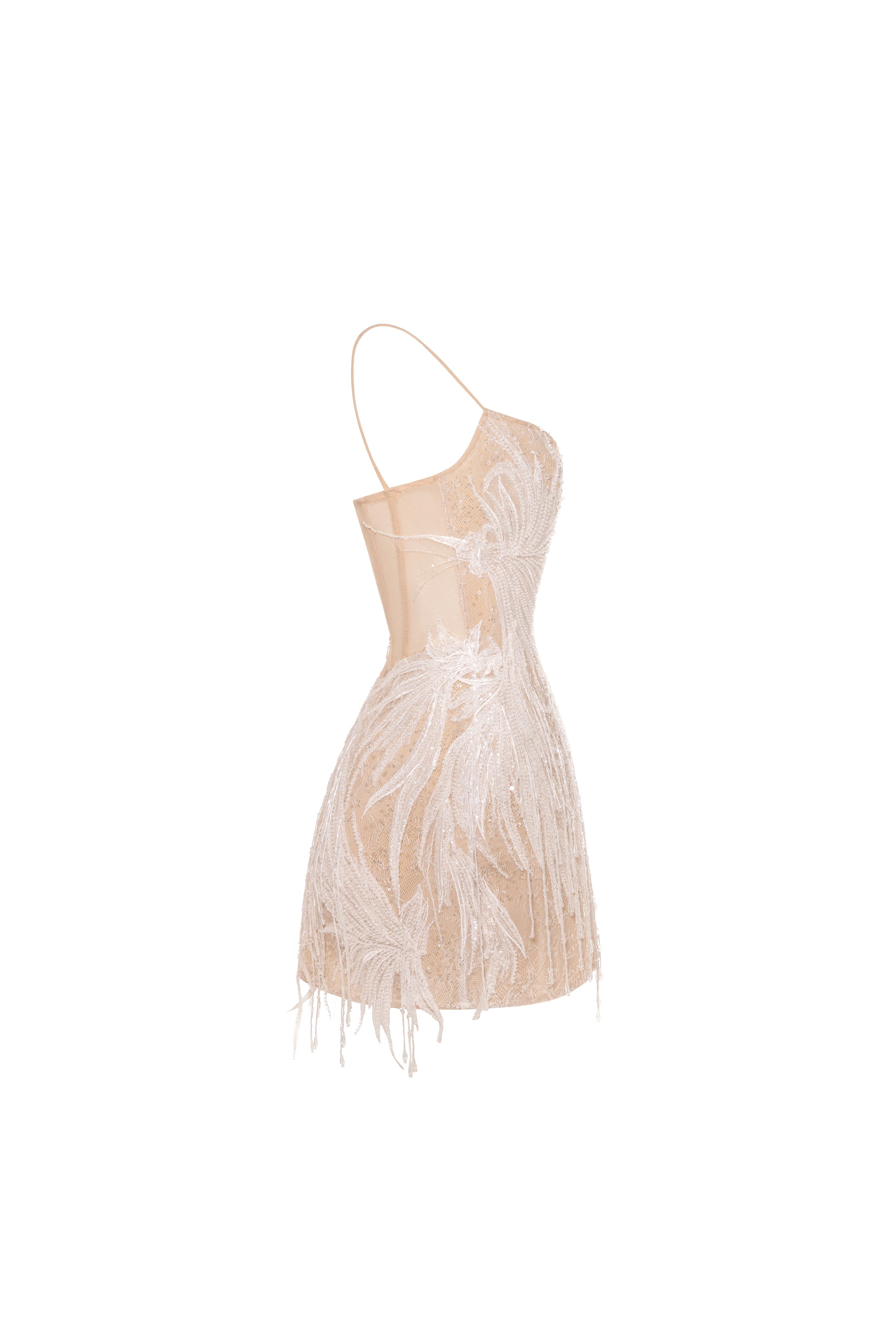 Beige lace corset mini dress embellished with sequins and fringes