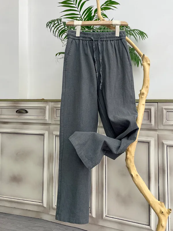 Men's Cotton Linen Plain Elastic Drawstring Waist Wide Leg Pants