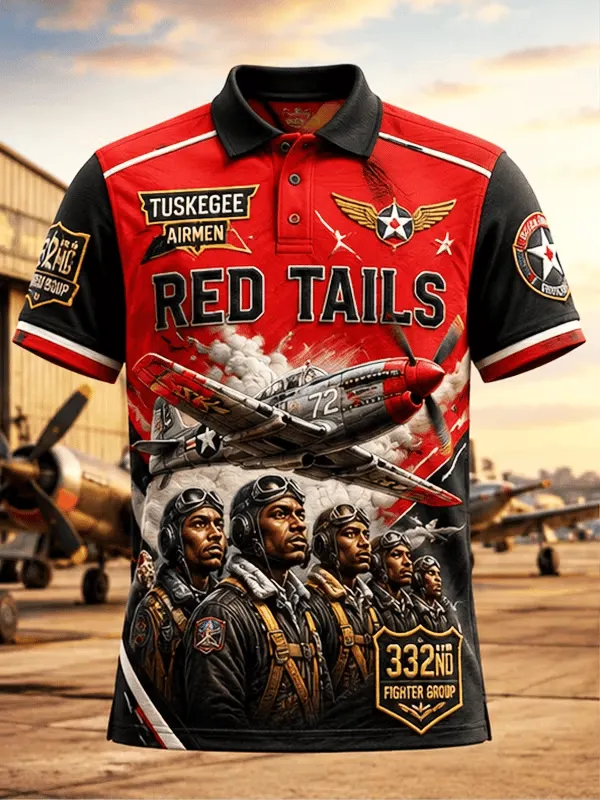 Men's Retro Red Tails Tuskegee AirmenAircraft Print Polo Shirt