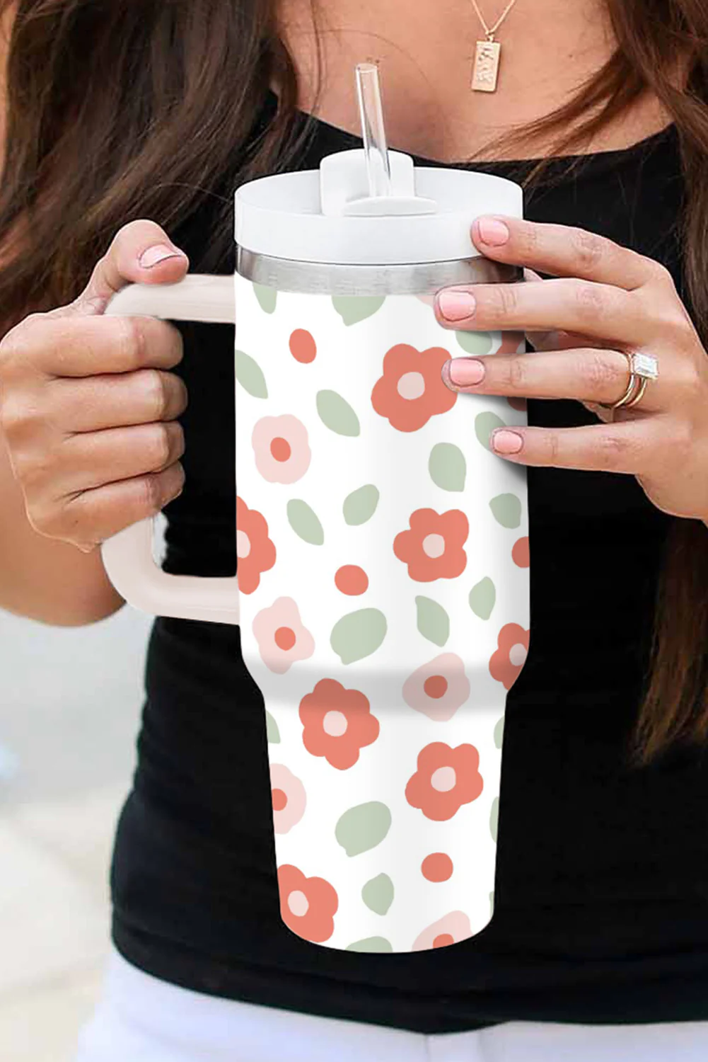 White Floral Leaves Print Stainless Large Portable Cup 40oz