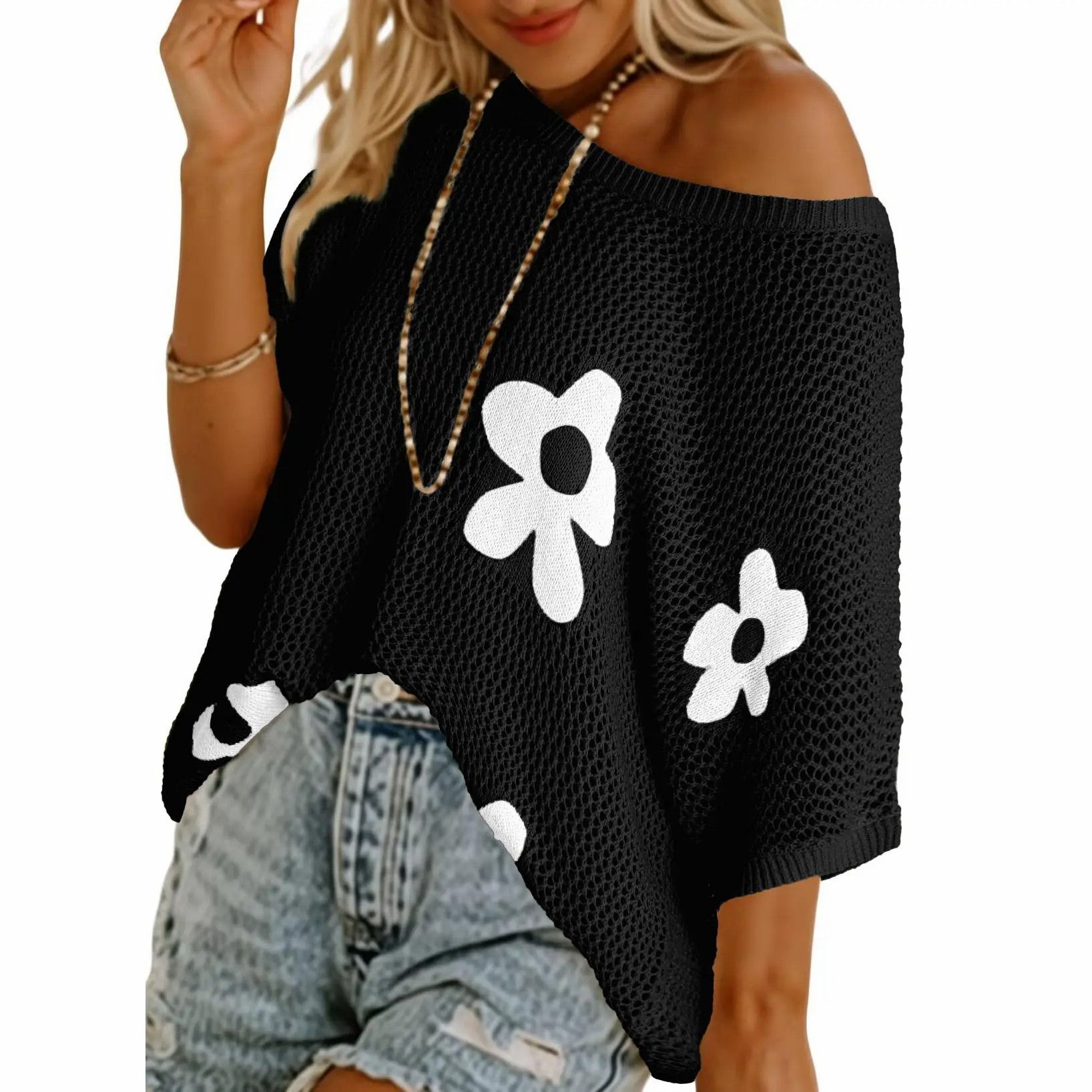 Women's Floral Crochet Sweater – Short Sleeve Lightweight Knit Beach Cover Up