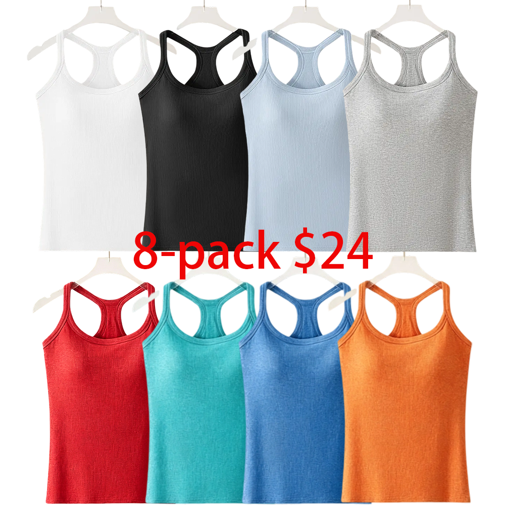 Women's 8-Pack Ribbed Built-in Bra Tank Top – Racerback Cropped Camisole with Removable Pads Wireless Supportive Yoga Top