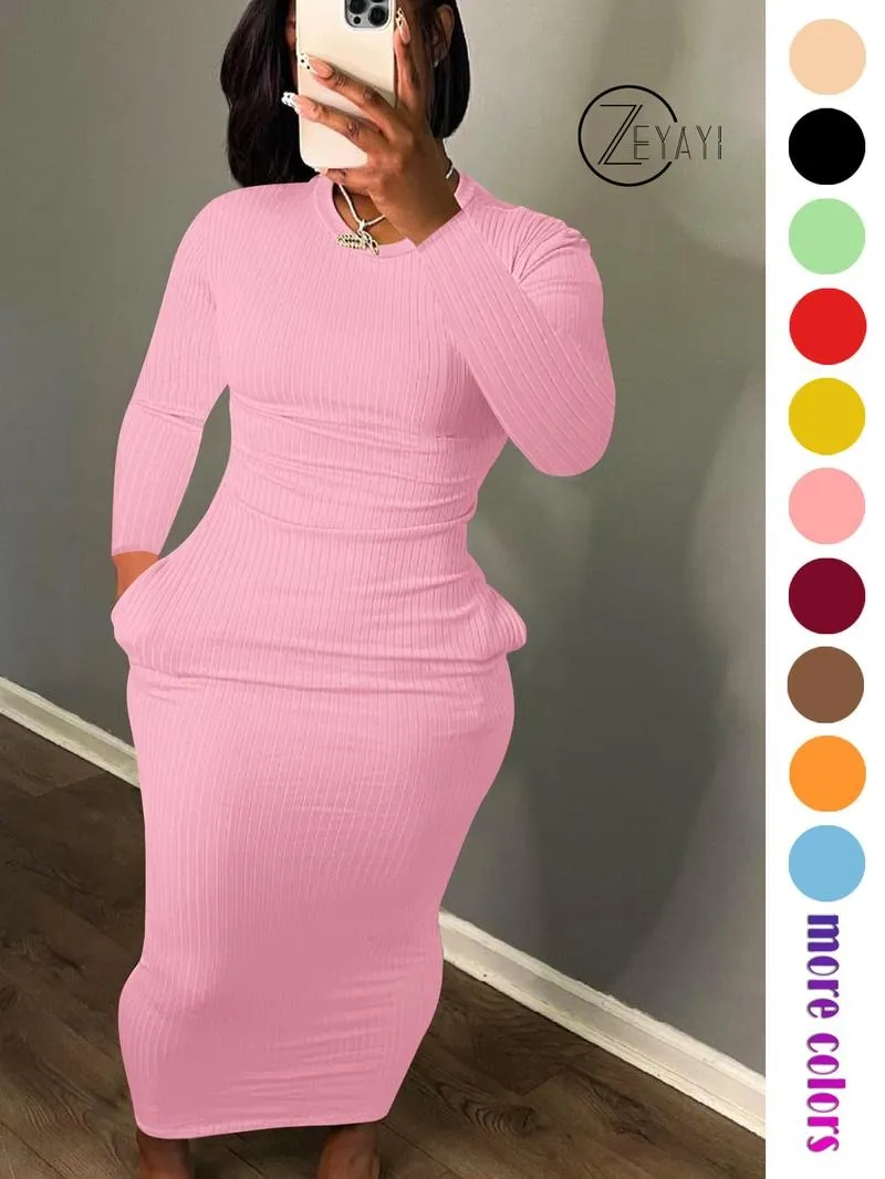 Women's Long Sleeve Pocket Dress, Breathable Elastic Multi-Color Party Casual Travel Pure Color Maxi Dress