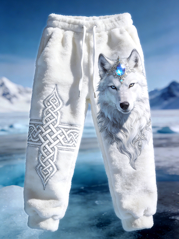 Men's White Wolf Celtic Cross Pattern Print Casual Flannel Pants