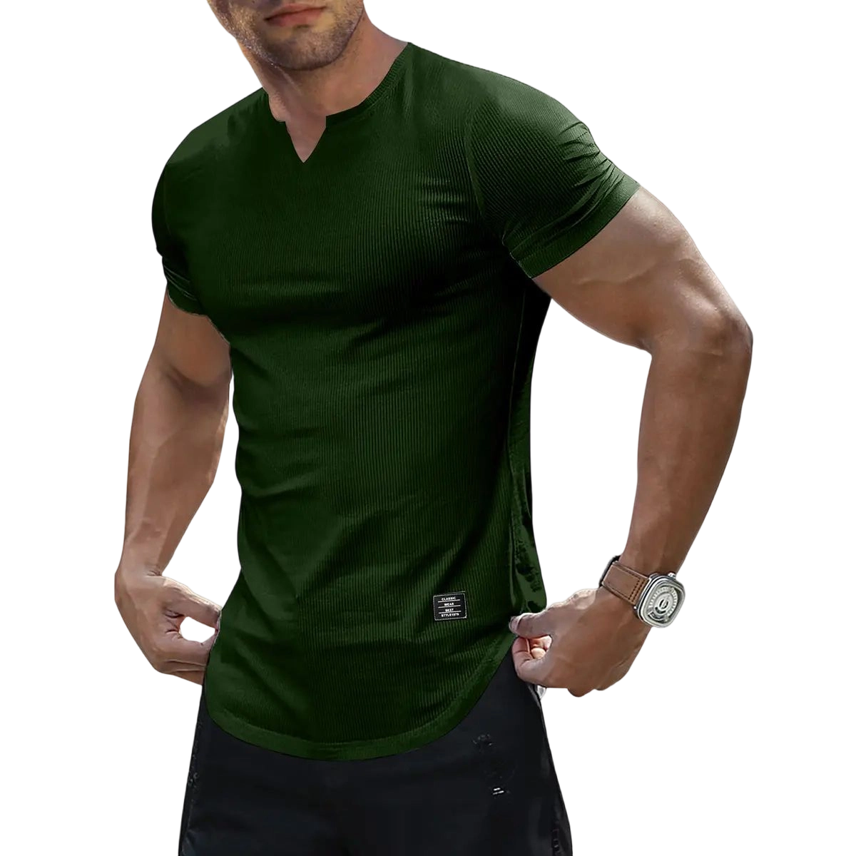 Men's Plain Muscle Slim Fitted T Shirt Polyester V-Neck Longline Shirt
