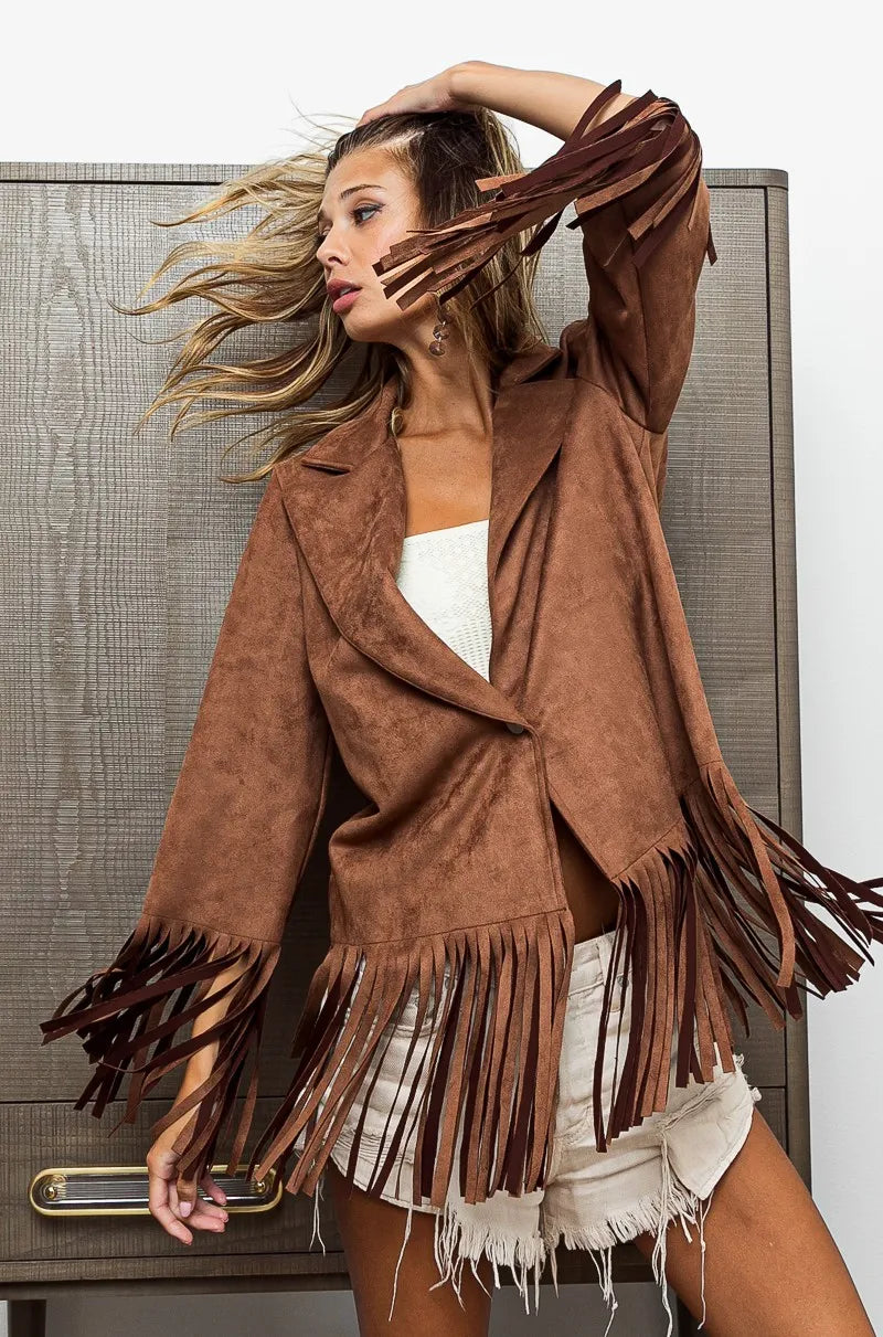 Suede Single Blazer with Fringed Hem