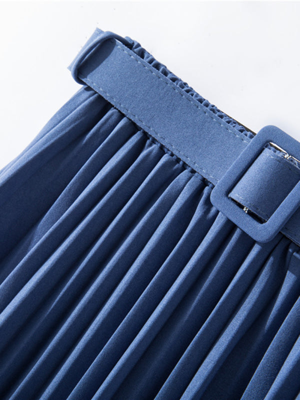 Pleated Skirt Mid-Length High Belt Versatile A-Line Skirt
