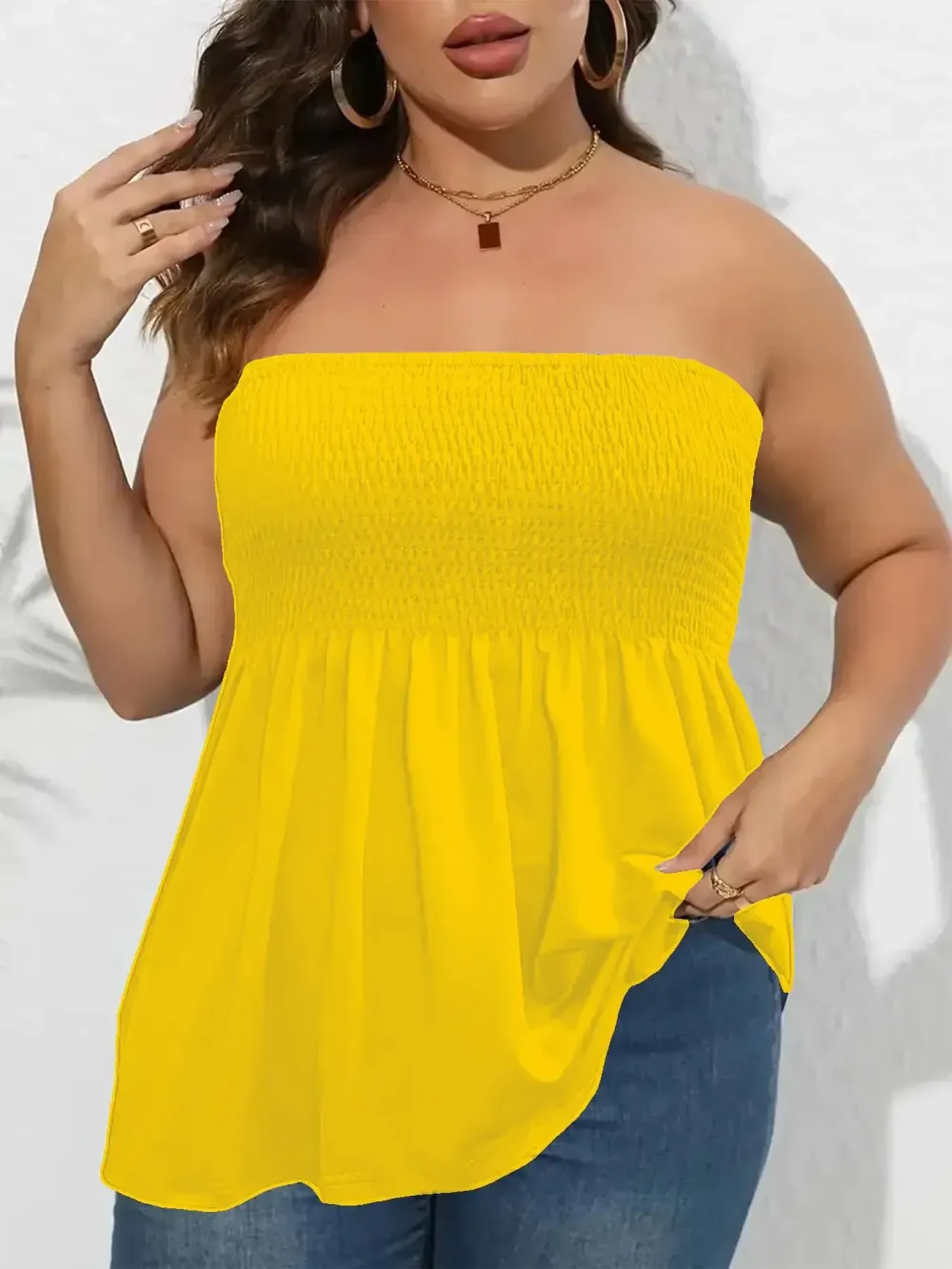 Plus Size Solid Ruffle Hem Shirred Tube Top, Boho Fashion Chic Style Tops, Lady Strapless Top