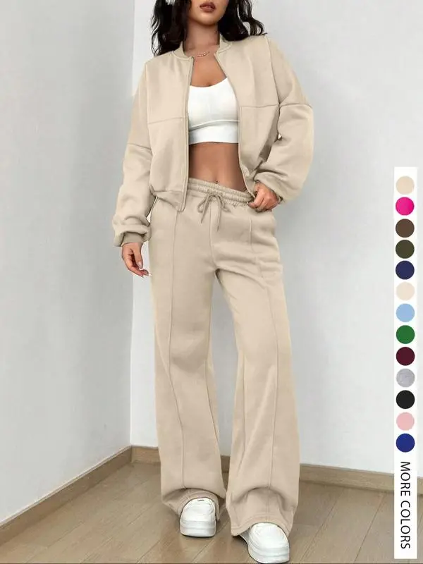 🔥Two-piece Set Women's Solid Zip Up Drop Shoulder Jacket & Pocket Elastic Waist Pants, Casual Fashion Cozy Breathable Two Piece Outfits for Daily Outdoor Wear, Ladies Clothes for All Seasons