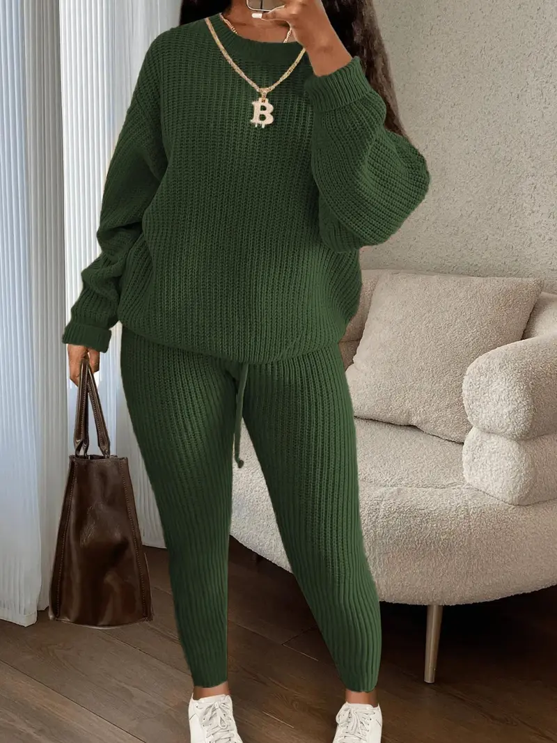 🔥Women's Solid Round Neck Drop Shoulder Sweater & Drawstring Waist Pants Knit Set, Casual Cozy Knitwear for Daily Outdoor Wear, Ladies Fall & Winter Outfits, Women's 2 Pcs Sweater Set
