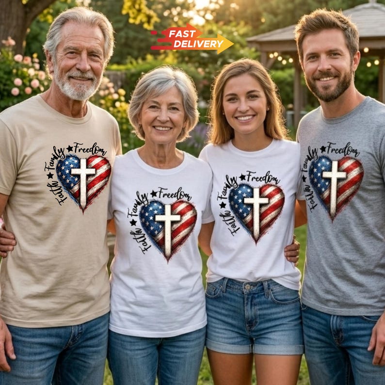 Faith Family Freedom Cross Shirt, Patriotic Christian 4th of July Tee