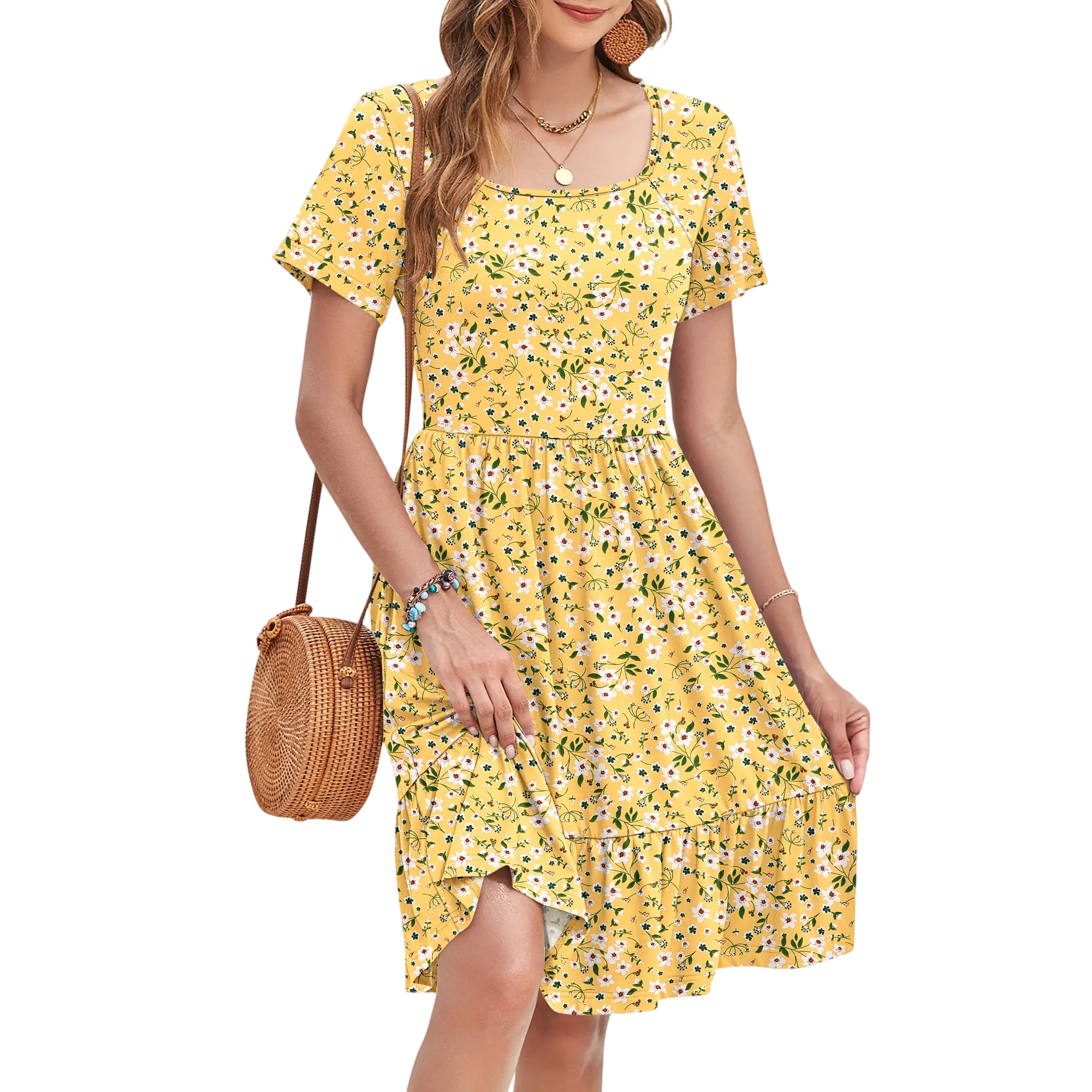 Women Square Neck Ditsy Floral Dress