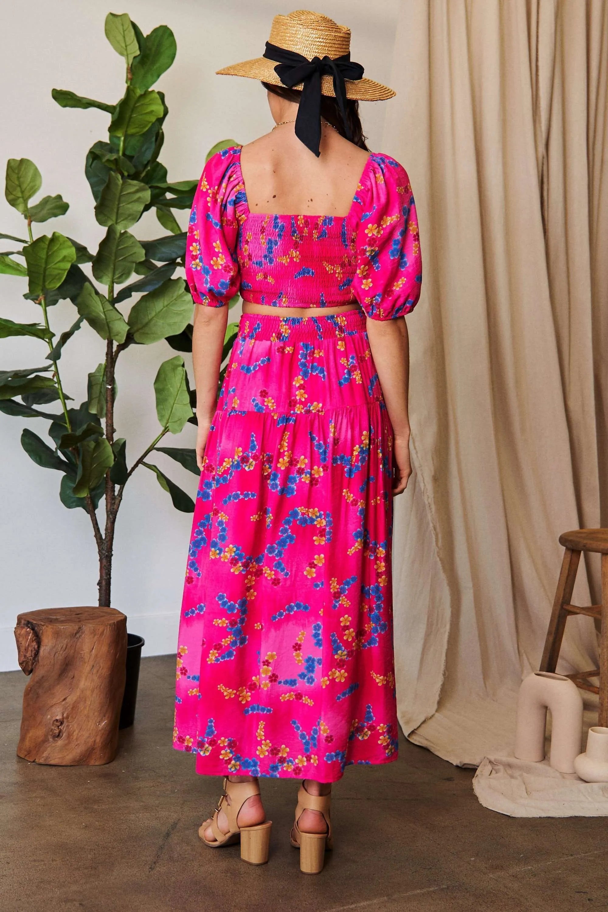 Printed Smocking Waistband Ruffled Maxi Skirt