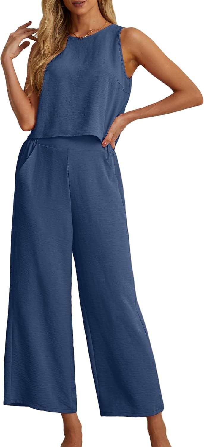 Women's Summer 2 Piece Outfits Set Round neck Sleeveless Tank Crop Top Wide Leg pants Set Pockets Jumpsuits