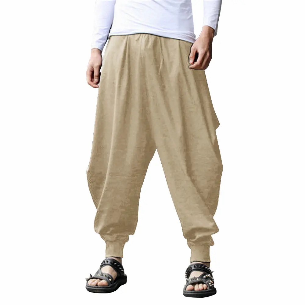 Men's Linen Harem Pants – Baggy Boho Yoga Drop Crotch Trousers with Pockets