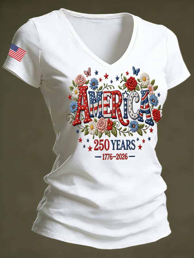 Ladies' Casual US National Day Embroidered Floral Print V-Neck Short Sleeved T-Shirt