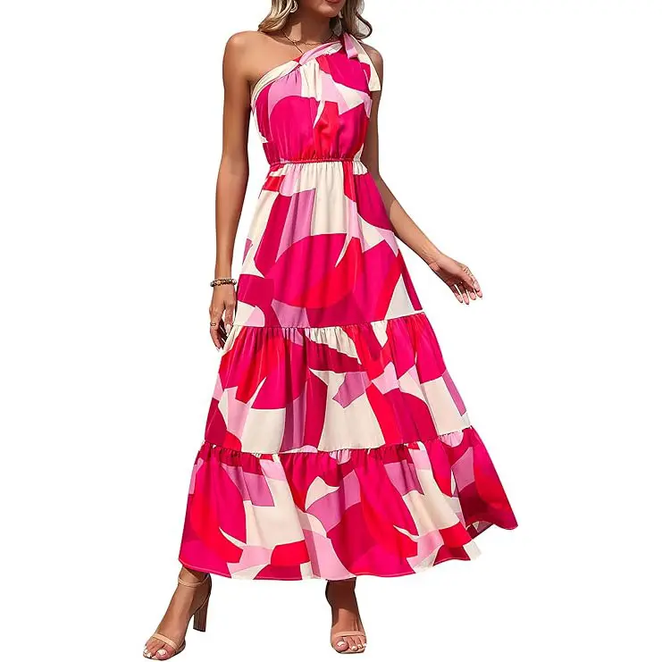 PrettyGarden Boho Chic Floral Maxi Dress - One Shoulder, Ruffle, Sleeveless, Flowing Summer Beach Wedding Guest Dress- Womenswear
