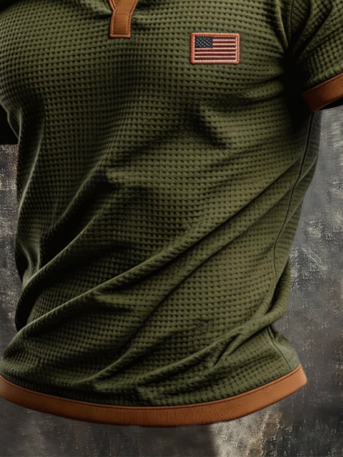 Men's Retro Color-block Waffle-Knit Henley T-Shirt