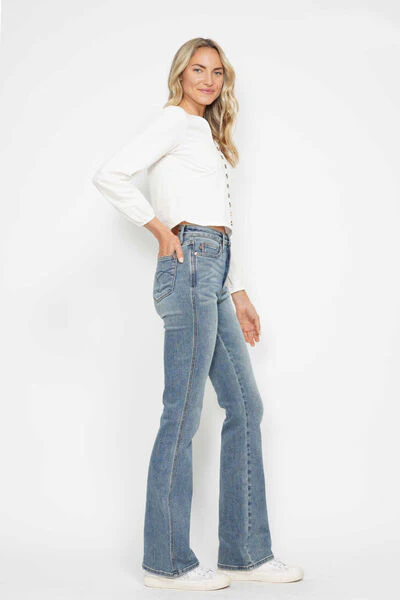 Blue Full Size Tummy Control Back Embroidered Pocketed Bootcut Jeans - Multiple Lengths