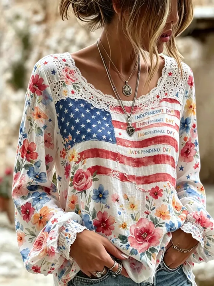Women's Independence Day Flower Fresh Round Neck Top