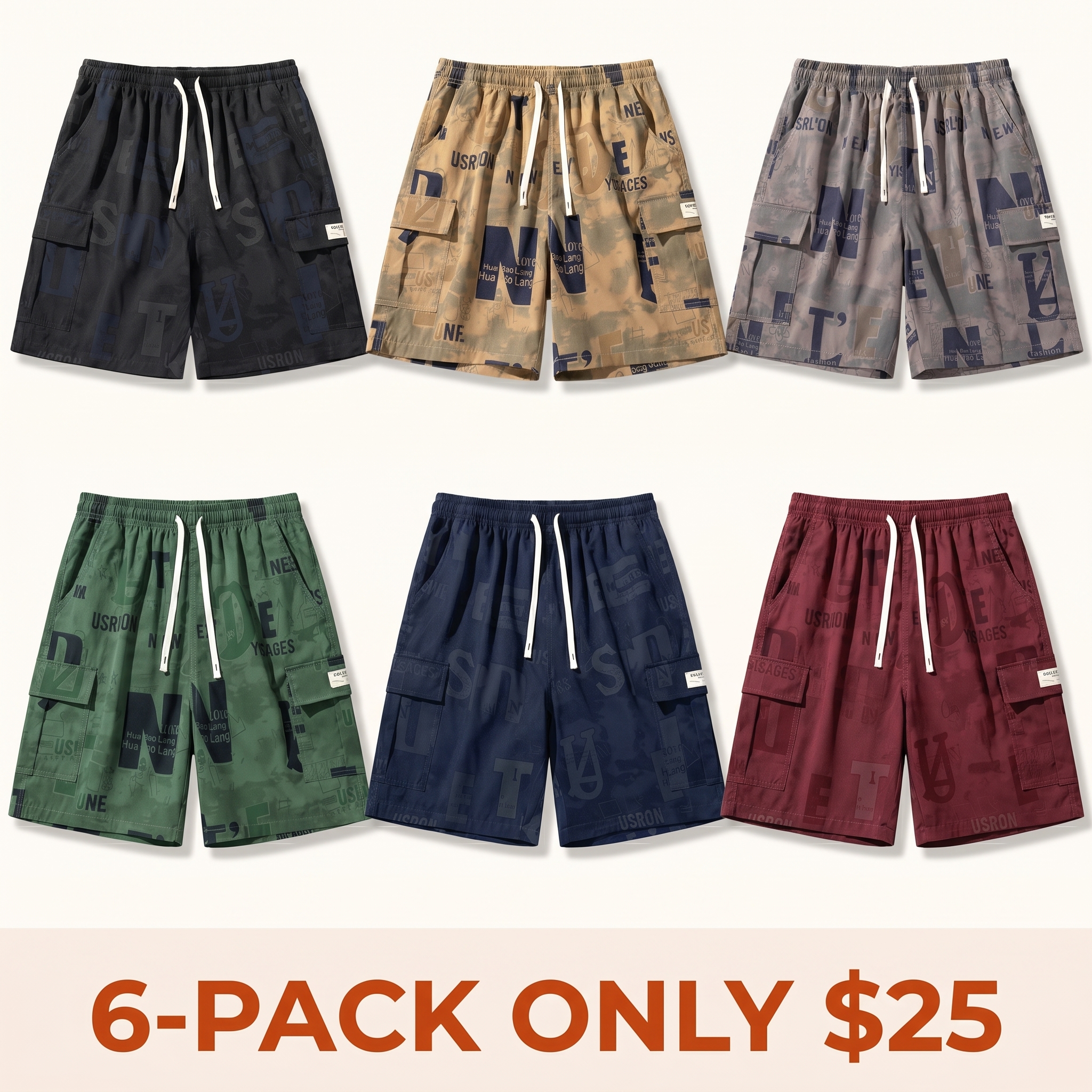 Men's Summer Shorts: Letter Print, Drawstring Design, Multi-Pocket