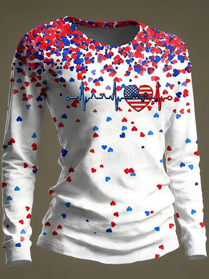 Women's casual blue and red heart heartbeat T-shirt
