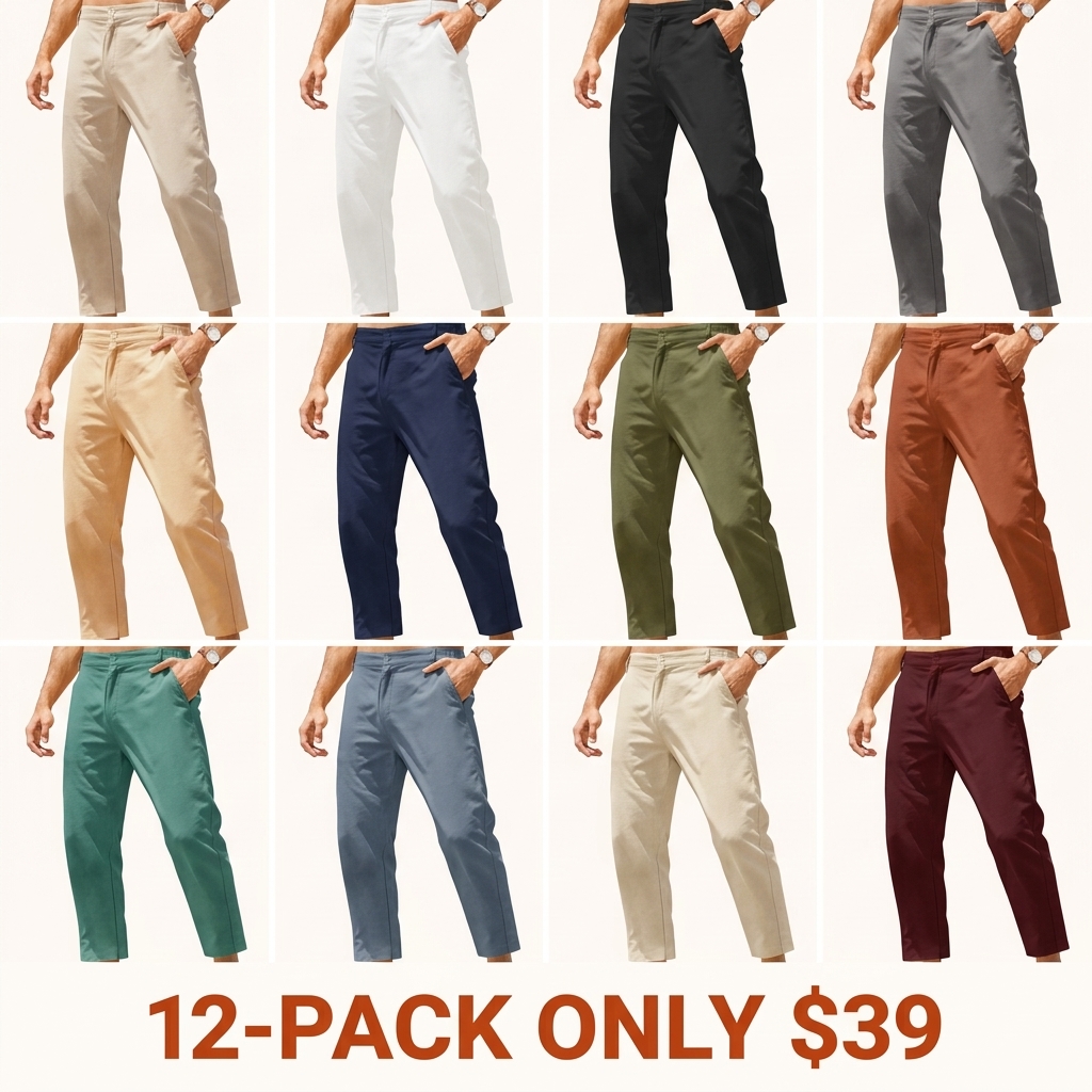 Men's Cotton-Linen Trousers — Elastic Waist, Lightweight Casual Pants, Slim Fit, Yoga & Beach Pants (With Pockets)