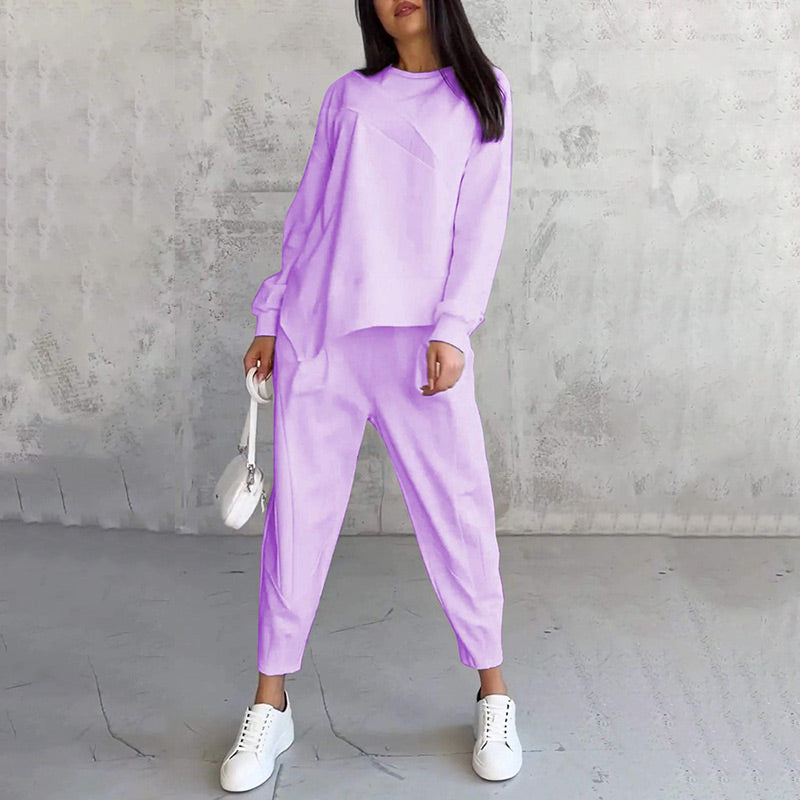 Women Long-Sleeve Irregular Hem Sweatshirts & Pants Set Clearance Sale