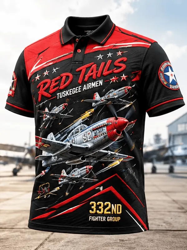 Men's Retro Red Tails Tuskegee AirmenAircraft Print Polo Shirt