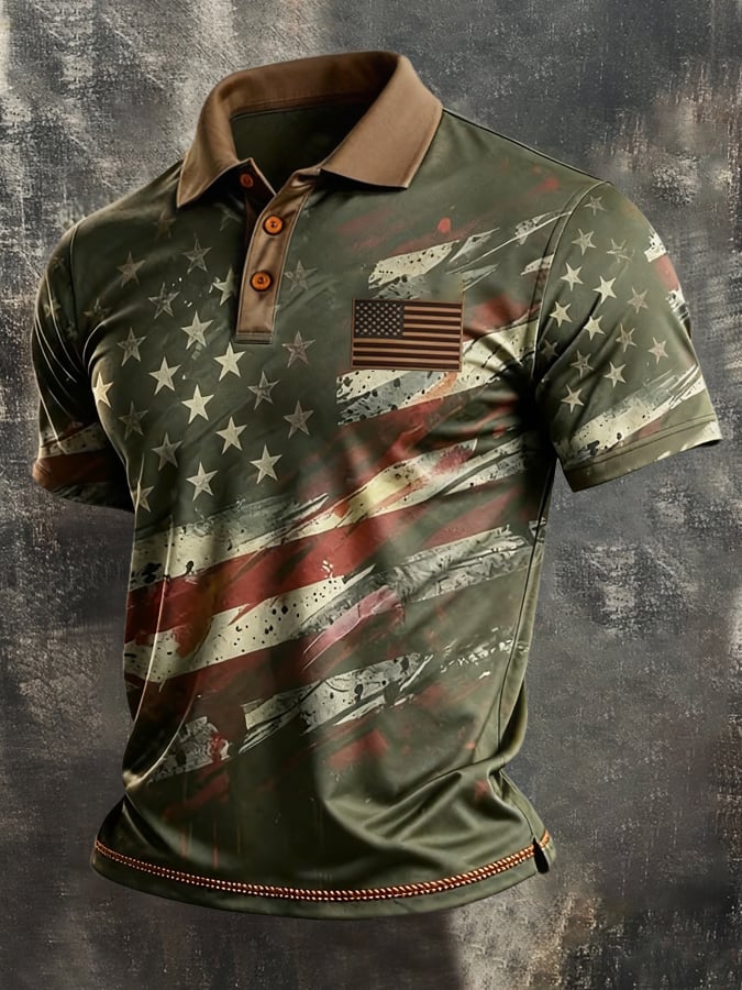 Men's Retro Patriotic Color-Block Short-Sleeve Polo Shirt