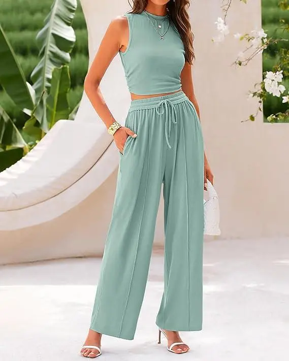Women's Summer 2-Piece Outfits - Ribbed Knit Crew Neck Sleeveless Cropped Top & Wide Leg Pants Lounge Set