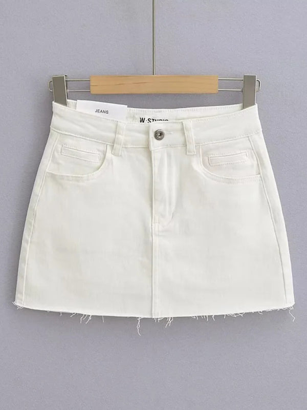 High-Waist Elastic Slim-Fit Distressed Edge A-Line Denim Mini Skirt