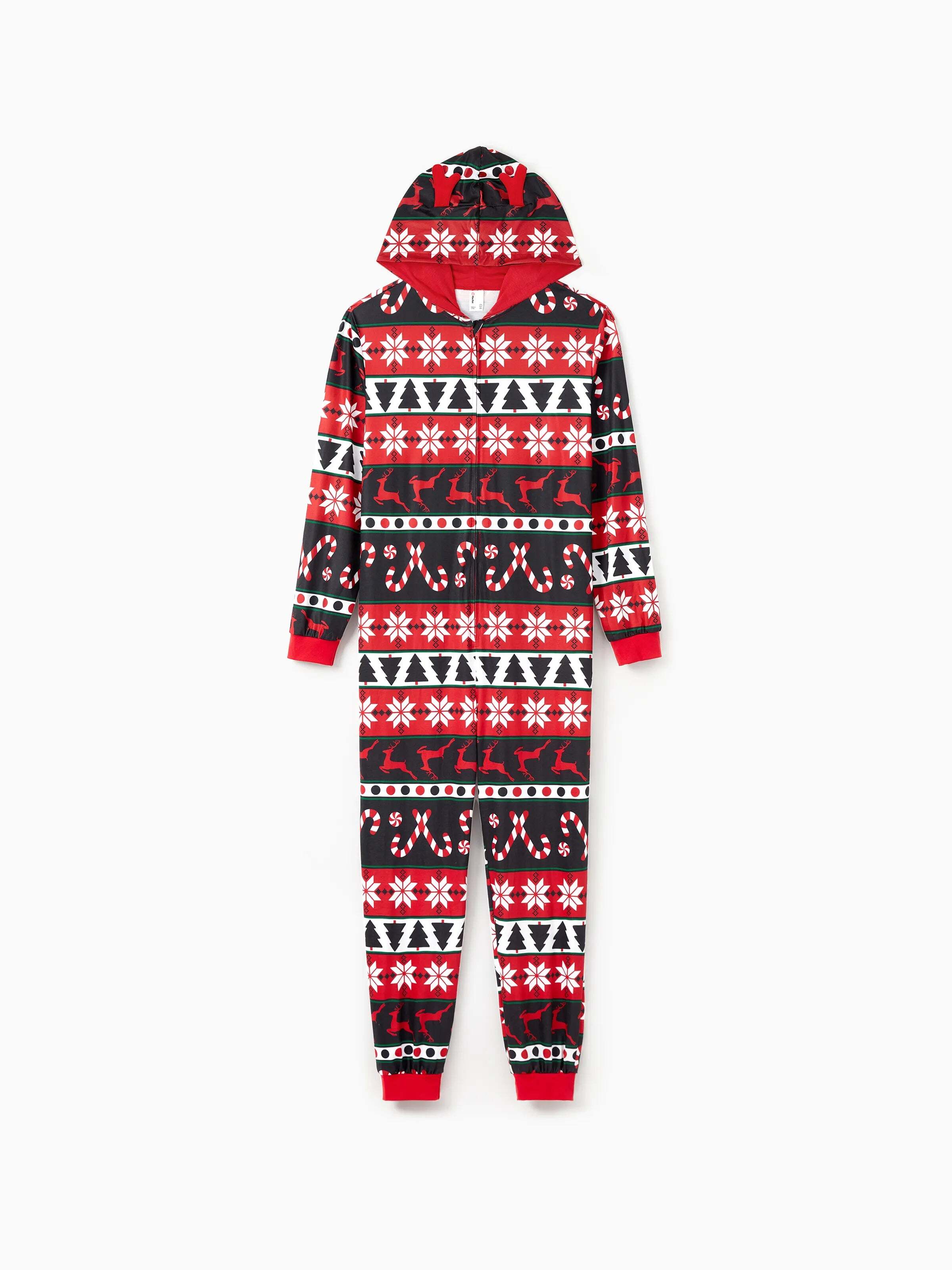Christmas Pajamas 3D Reindeer Pattern Zipper Hooded Onesies Matching Family Outfits red/black