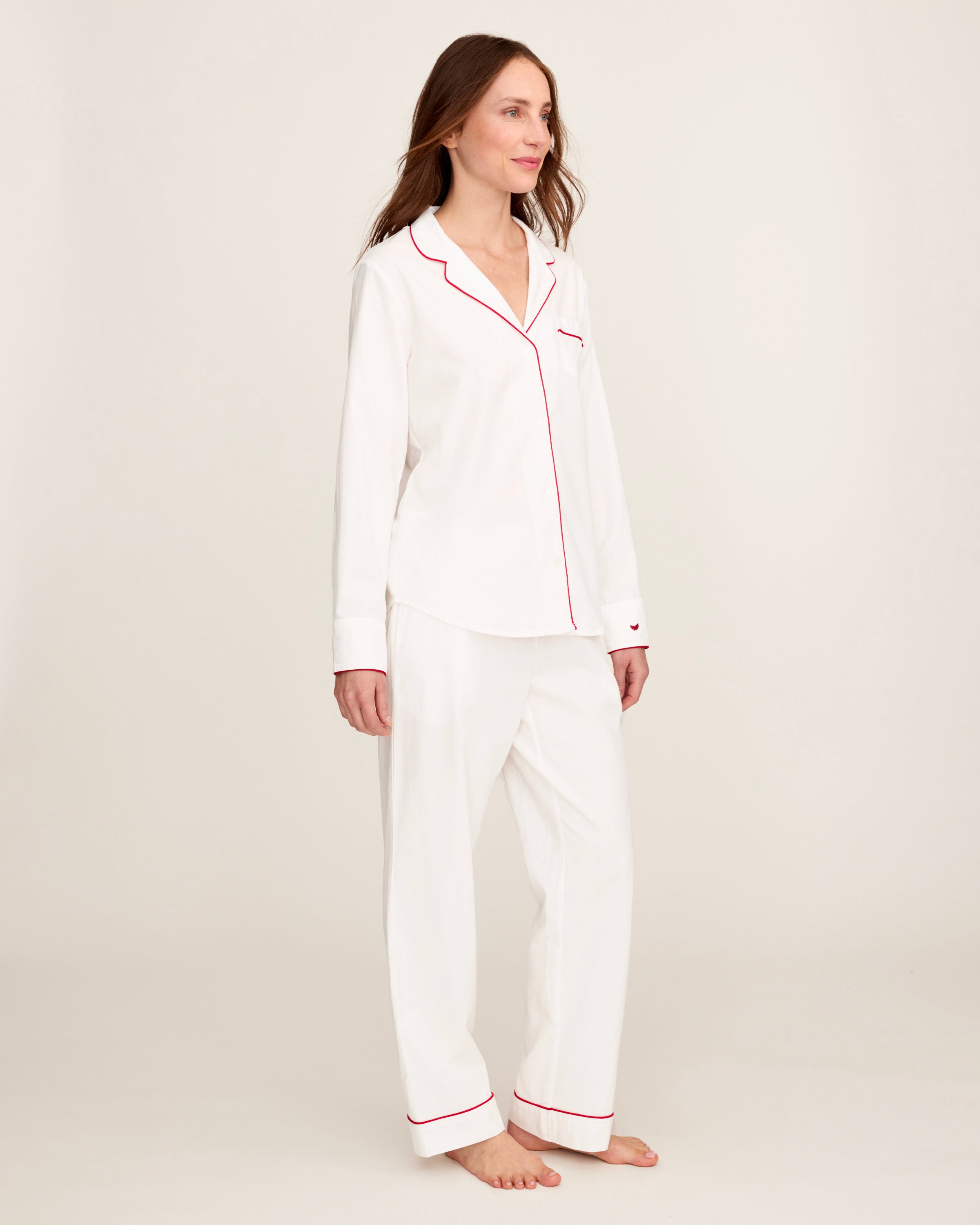 Women's Twill Pajama Set in White with Red Piping