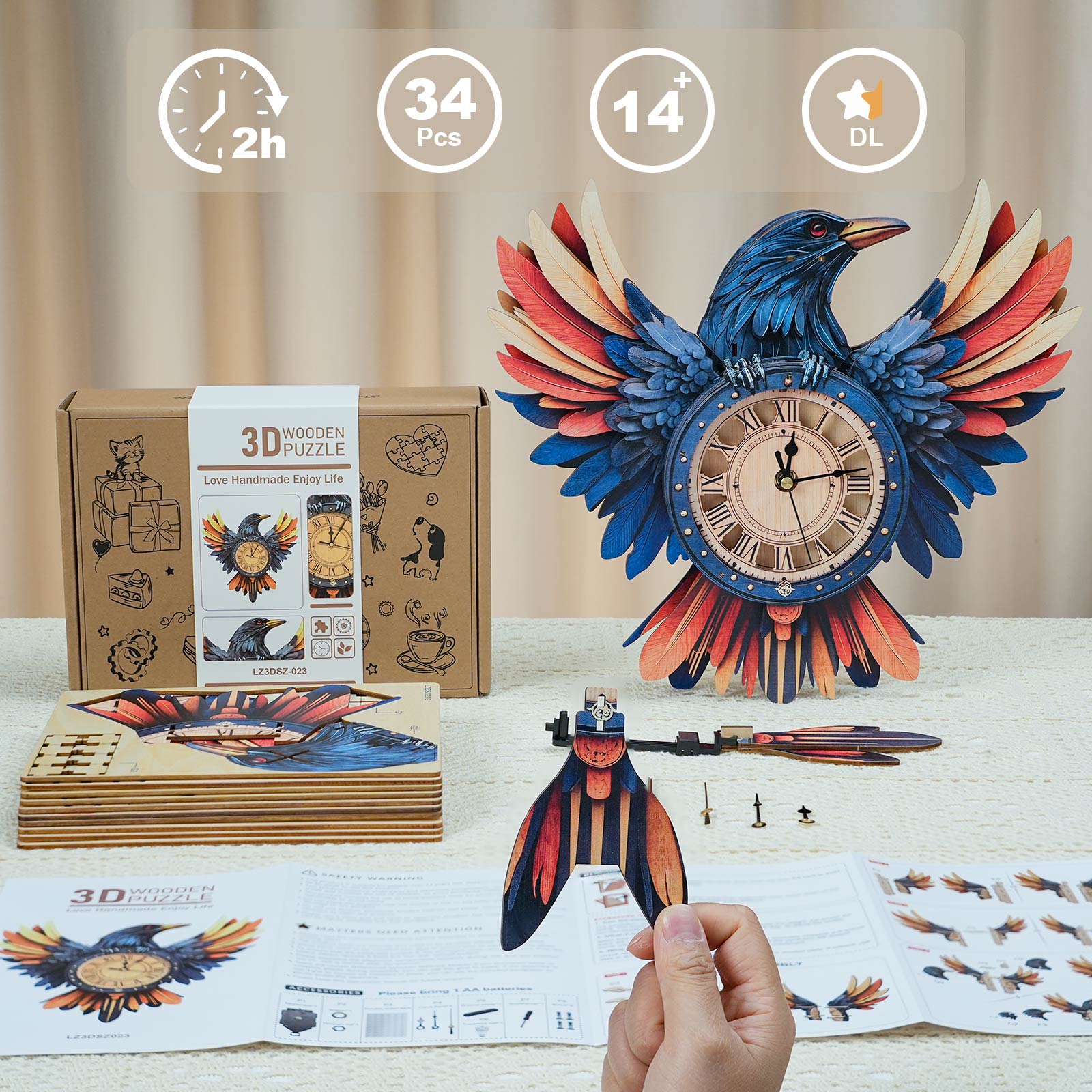 Raven– DIY Wooden Clock, 3D Puzzle Craft Kit