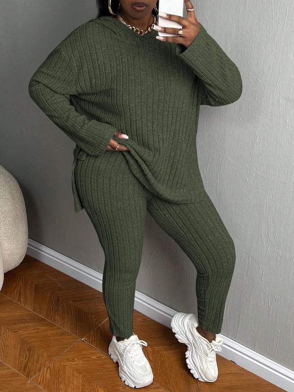 [Plus Size]Women's Two-Piece Set Solid Textured Ribbed Drop Shoulder Hoodie & Elastic Waist Pants, Casual Fashion Cozy Ribbed Outfits