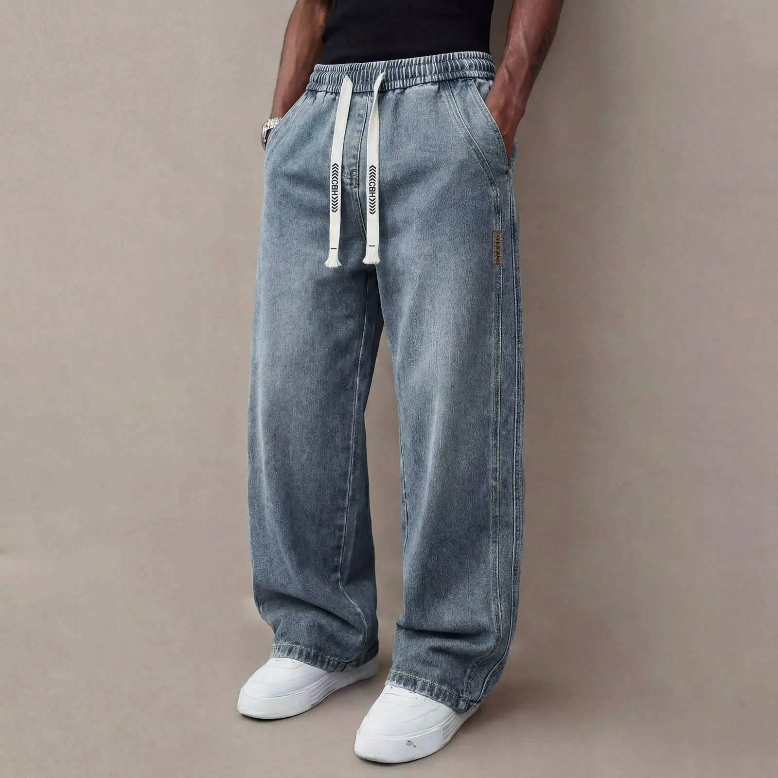 Men's Stretch Straight-Leg Denim Jeans – Vintage Wash Drawstring Casual Pants