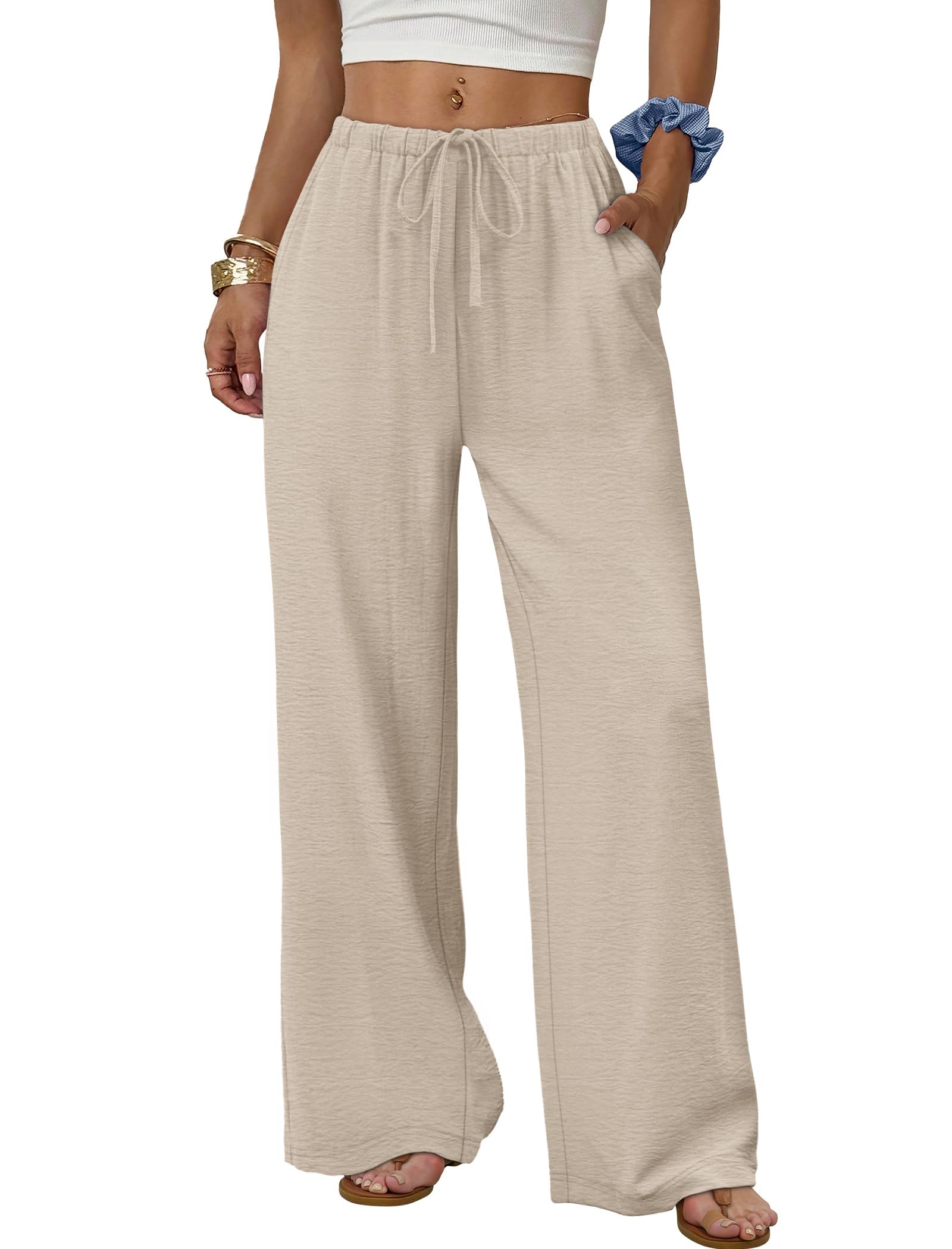 ✨ MAY SALE | Wide Leg Pants for Women Flowy Palazzo Drawstring Elastic Waist Trousers with Pockets-100% Cotton✨