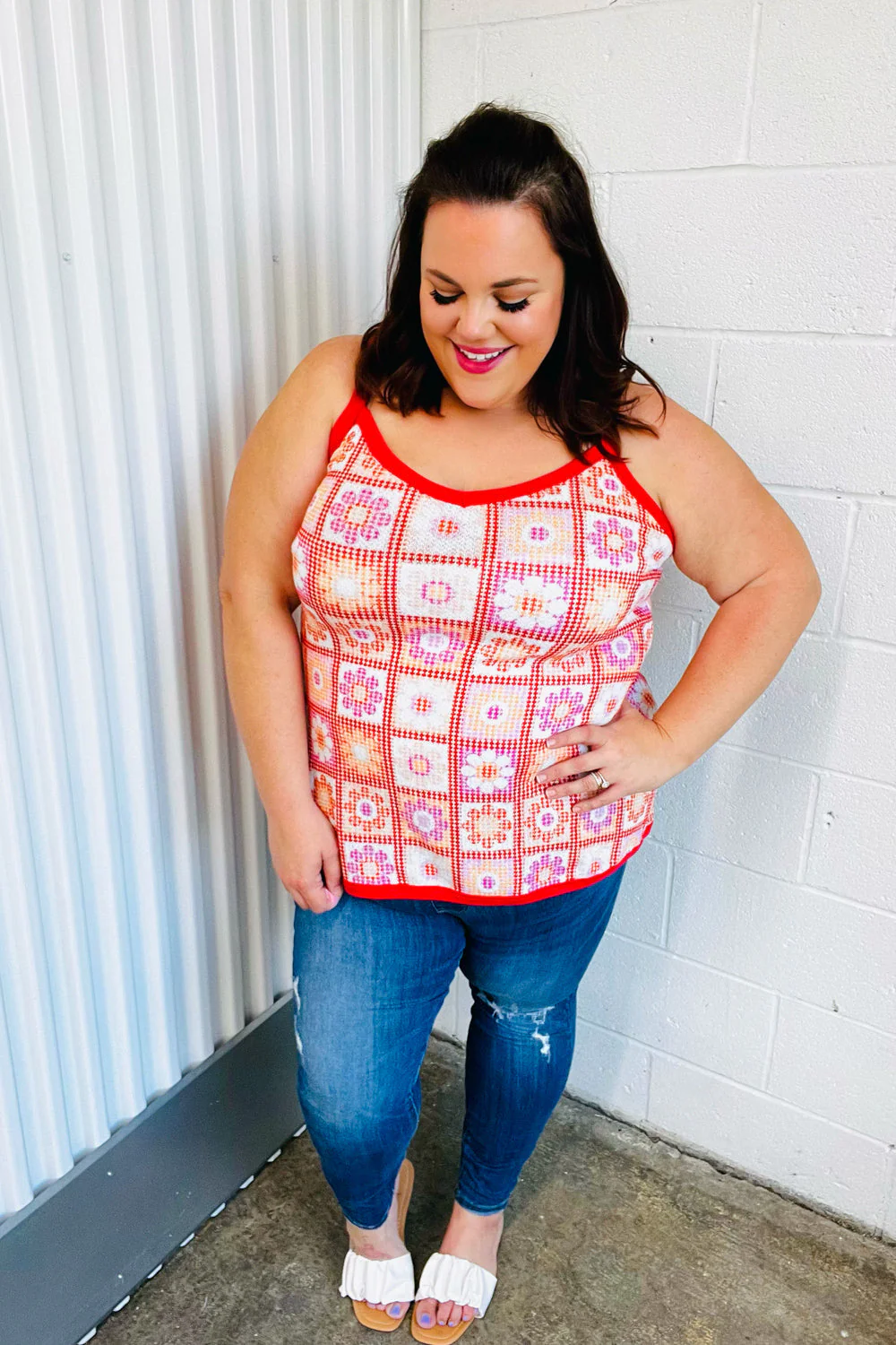 Retro In Bloom Coral Flower Power Waffle Knit Sleeveless Top