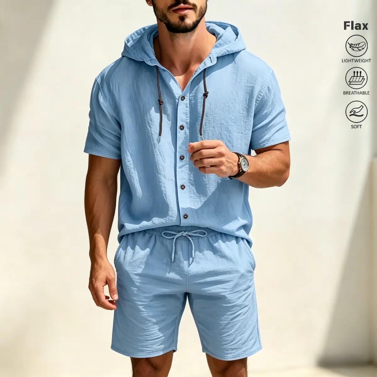 Men's Linen 2-Piece Summer Set – Hooded Henley Top & Matching Shorts, Casual Versatile Outfit