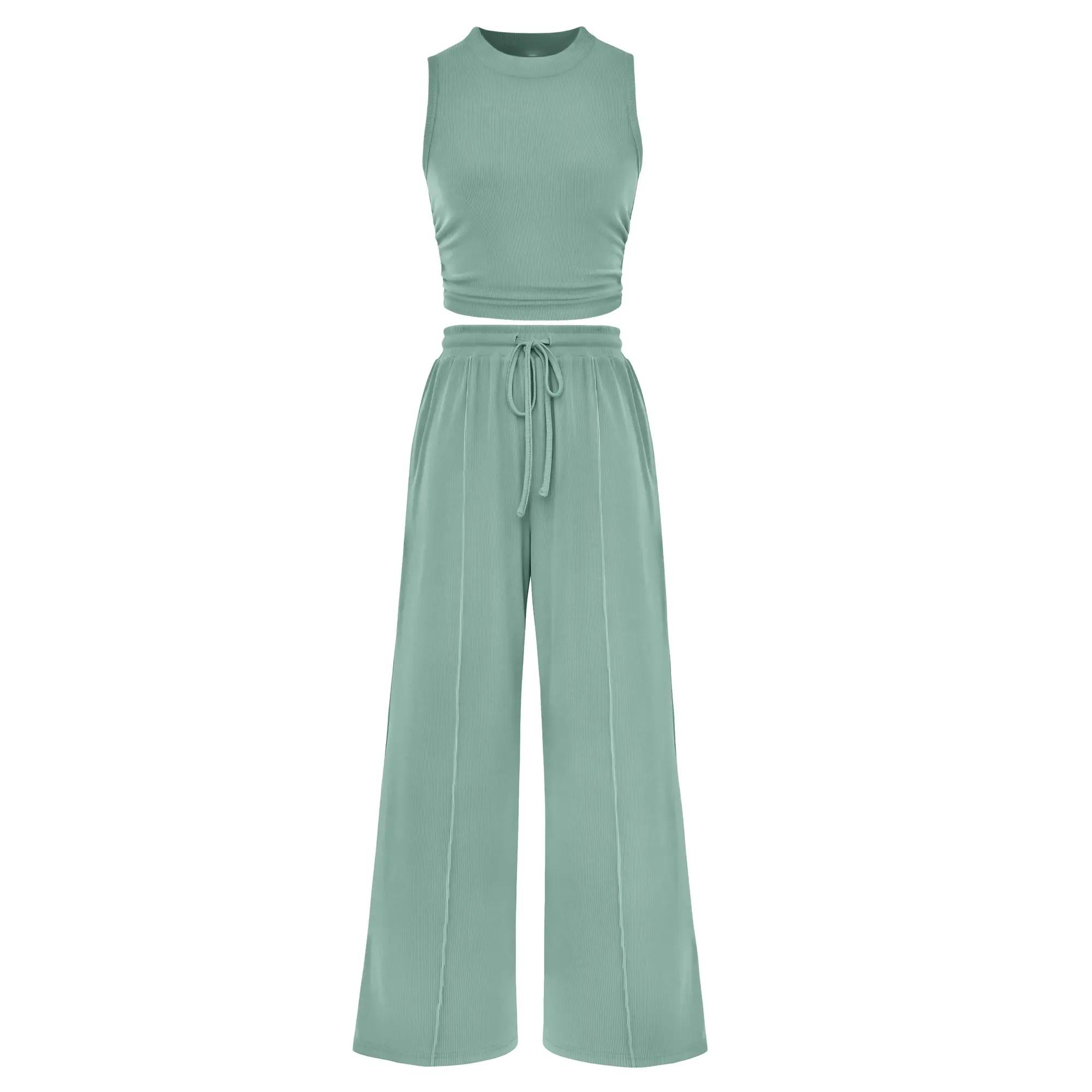 Women's Ribbed Knit Crop Top & Wide Leg Pants Lounge Set