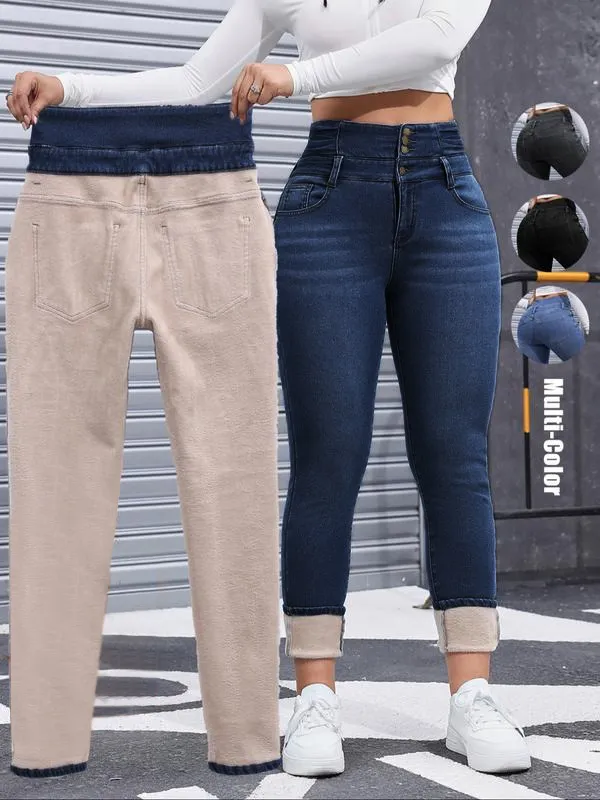 Women's High Elasticity Fleece Lined Thick Denim Jeans