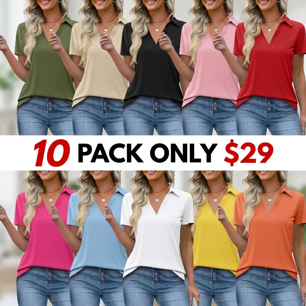 Women's Short-Sleeve Fitted Minimalist Lightweight Polyester V-Neck Collared Polo Shirts - Business