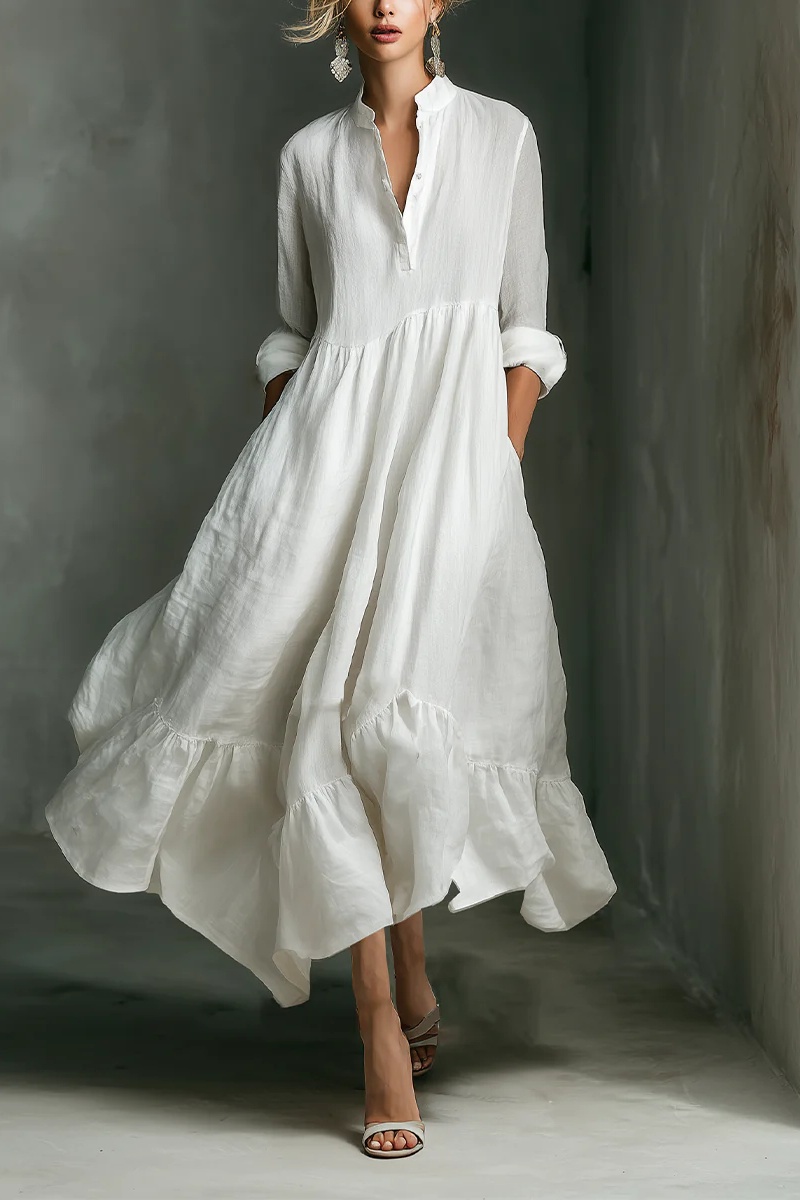 Women's White Long-sleeved Ruffled Maxi Dress