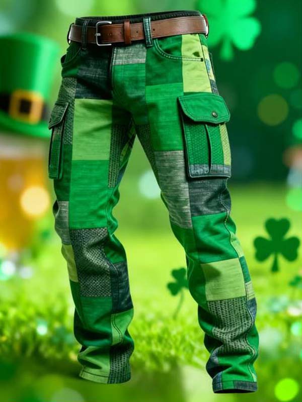 Men's St. Patrick's Day Colorblock Patchwork Art Print Denim-Like Cargo Pants