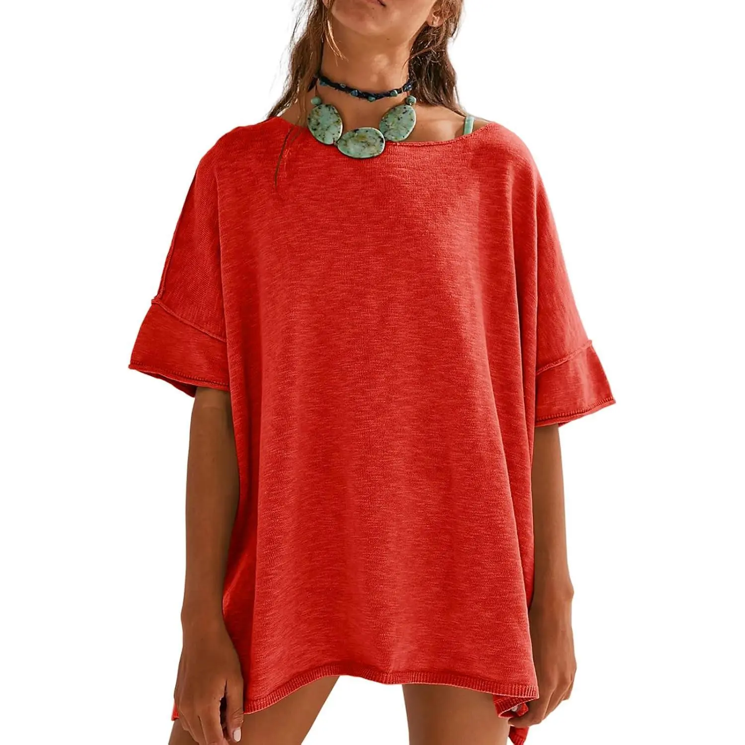 Women's Loose-Fit T-Shirt – Casual Summer Crew Neck Drop-Shoulder Short-Sleeve Top with Side-Slit Hem