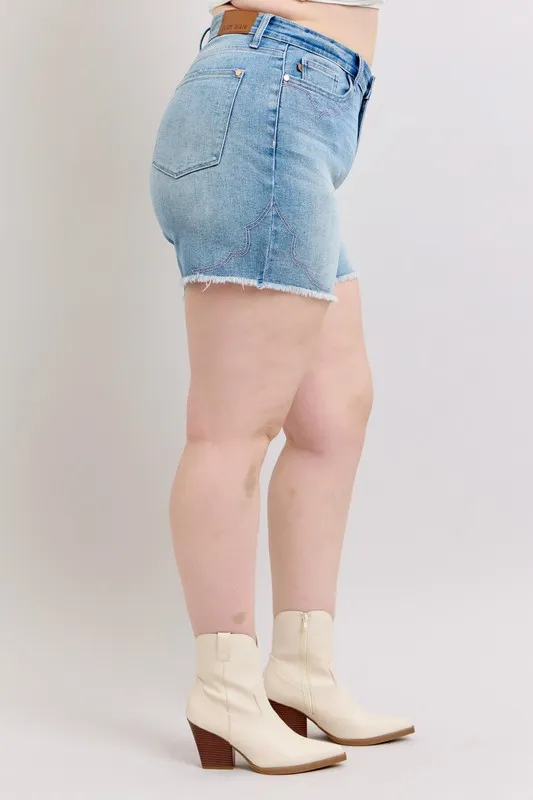 High Waist Western Embroidery Detail Cut Off Denim Shorts