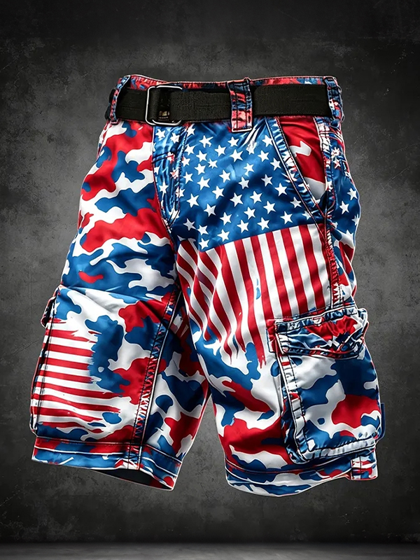 Men's American Flag Color Matching Star Stripes Camo Art Print Casual Shorts