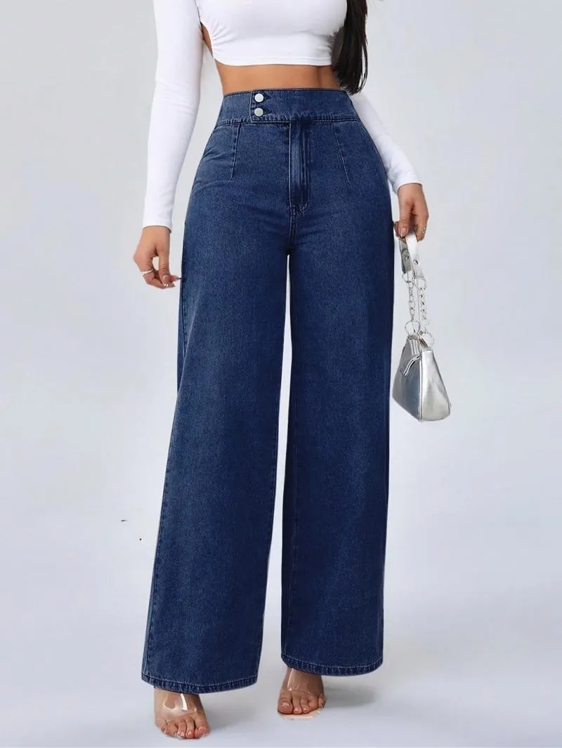 Women's Vintage Elegant High Waist Wide Leg Jeans, Button Front Elastic Waist Loose Fit