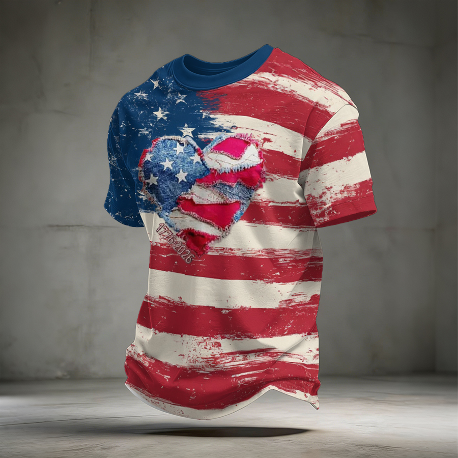 Men'S American Flag Love Memorial Classic Pattern Short Sleeve T-Shirt